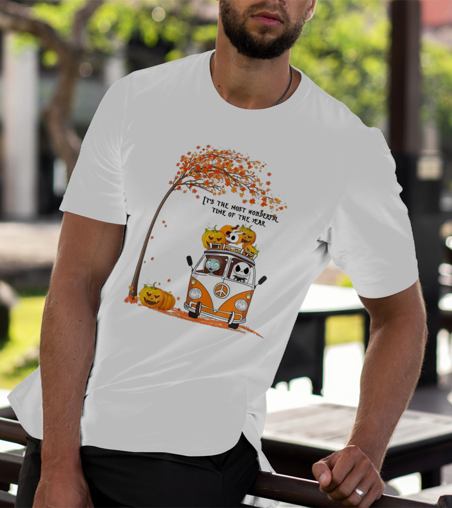 Jack Skellington Pumpkin It's The Most Wonderful Time Of The Year Autumn Van With Pumpkins And Tree T-Shirt