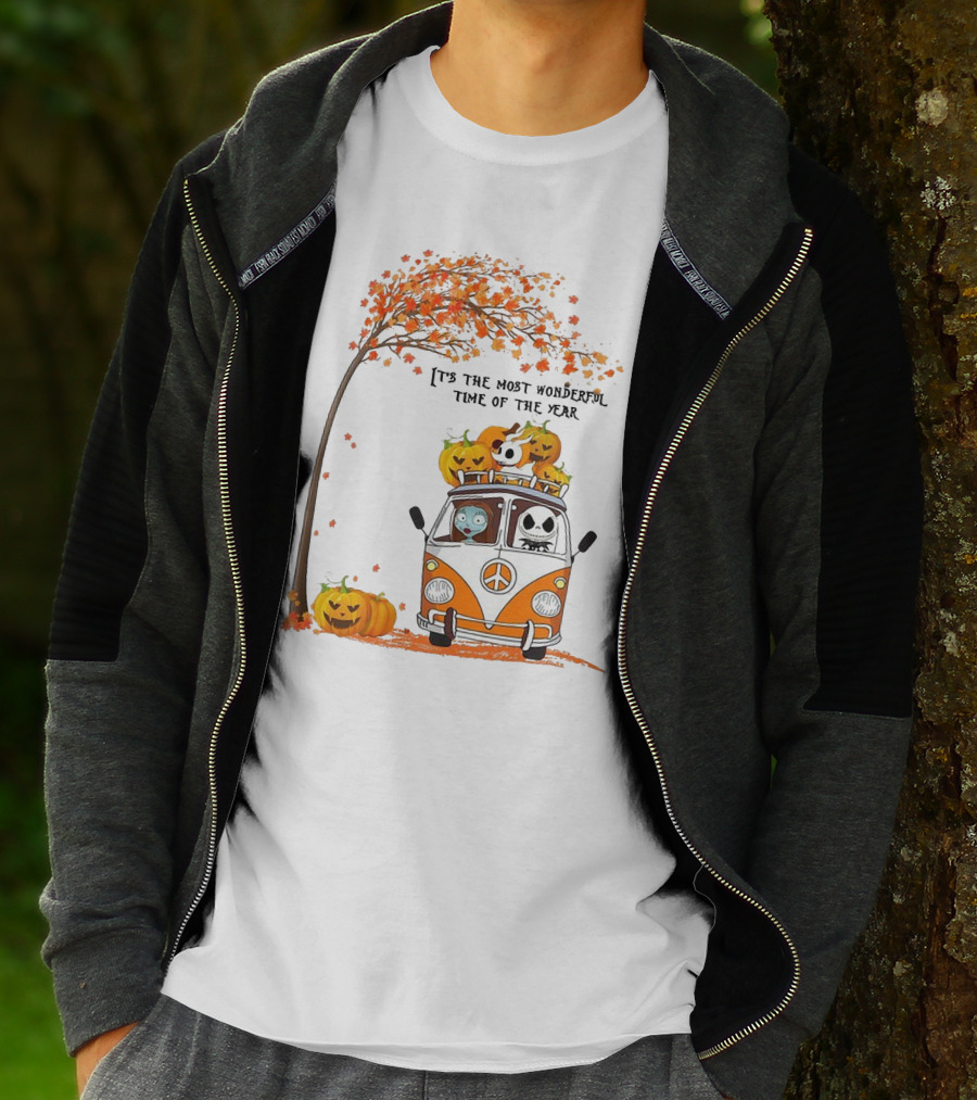 Jack Skellington Pumpkin It's The Most Wonderful Time Of The Year Autumn Van With Pumpkins And Tree T-Shirt