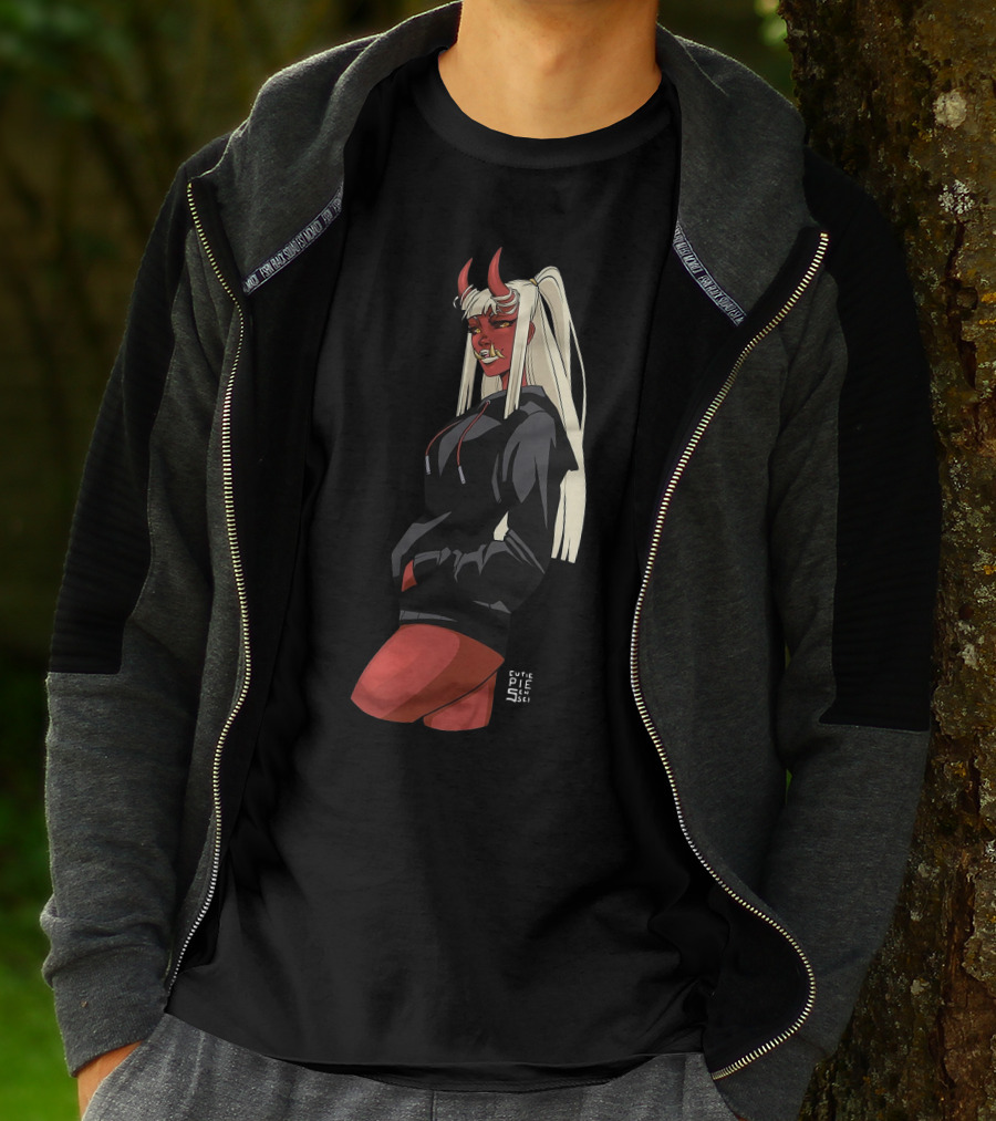 Cutie Pie Sensei X Redpop Oni Chan Demon Girl In Black Hoodie With Red Horns And Long Blonde Hair T-Shirt