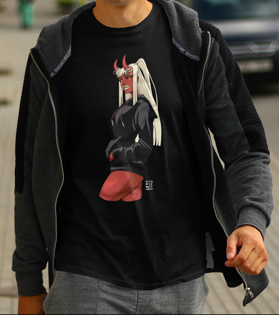 Cutie Pie Sensei X Redpop Oni Chan Demon Girl In Black Hoodie With Red Horns And Long Blonde Hair T-Shirt