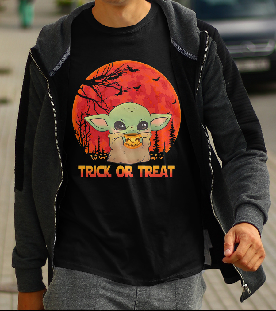 Halloween Baby Yoda Trick Or Treat Moon Pumpkin Forest T-Shirt