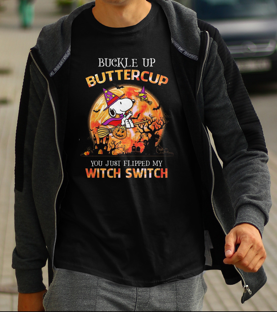 Buckle Up Buttercup You Just Flipped My Witch Switch Snoopy Flying On Broom With Pumpkin Halloween Moon T-Shirt