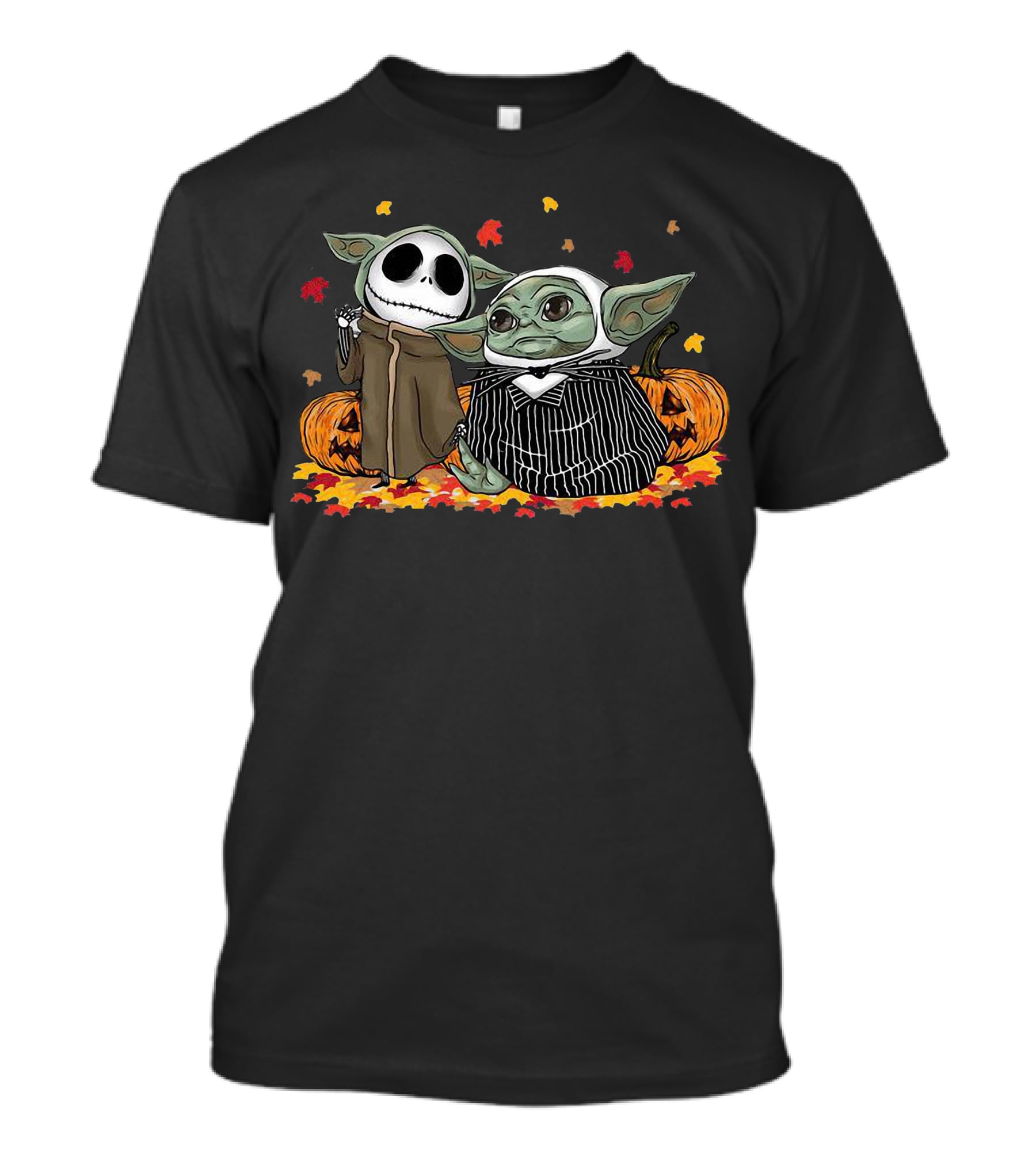Pumpkin Halloween Baby Yoda Jack Skellington Autumn Leaves T-Shirt