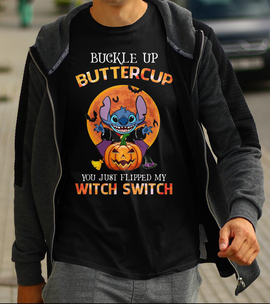 Buckle Up Buttercup Halloween Stitch You Just Flipped My Witch Switch Pumpkin Moon Bats T-Shirt