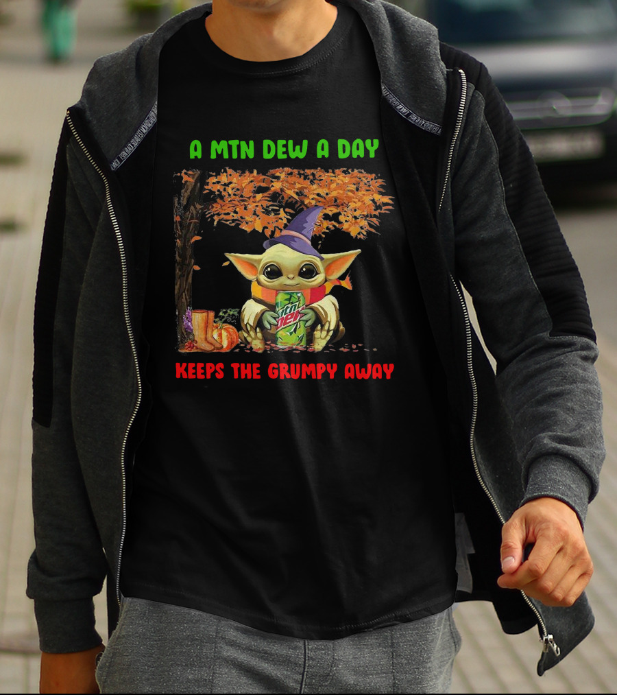 A Mtn Dew A Day Keeps The Grumpy Away Halloween Baby Yoda T-Shirt