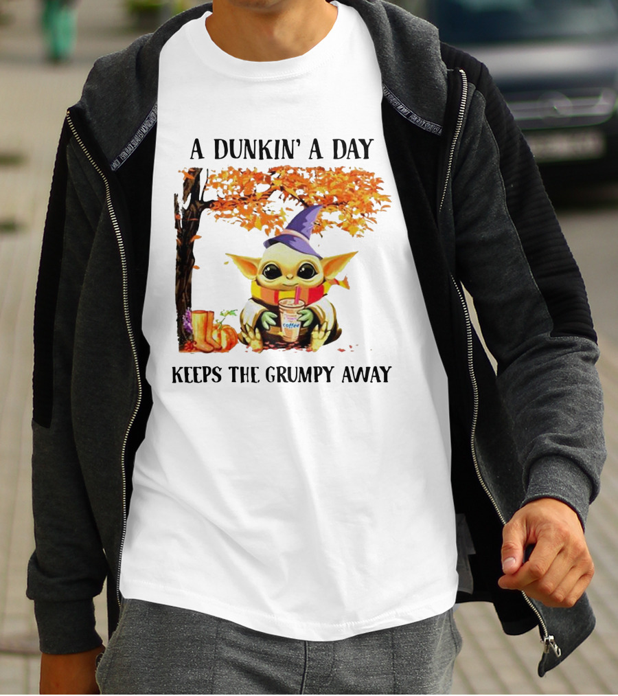 A Dunkin' A Day Keeps The Grumpy Away Baby Yoda Autumn Halloween T-Shirt