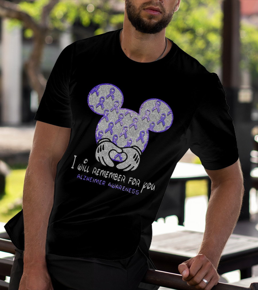 I Will Remember For You Alzheimer Awareness Mickey Pattern With Purple Ribbons T-Shirt