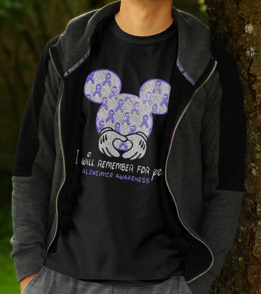 I Will Remember For You Alzheimer Awareness Mickey Pattern With Purple Ribbons T-Shirt