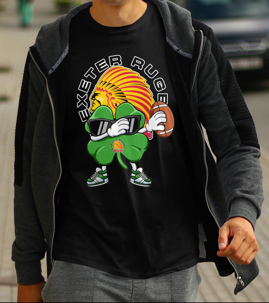 Exeter Rugger Chiefs Shamrock With Sunglasses And Rugby Ball T-Shirt