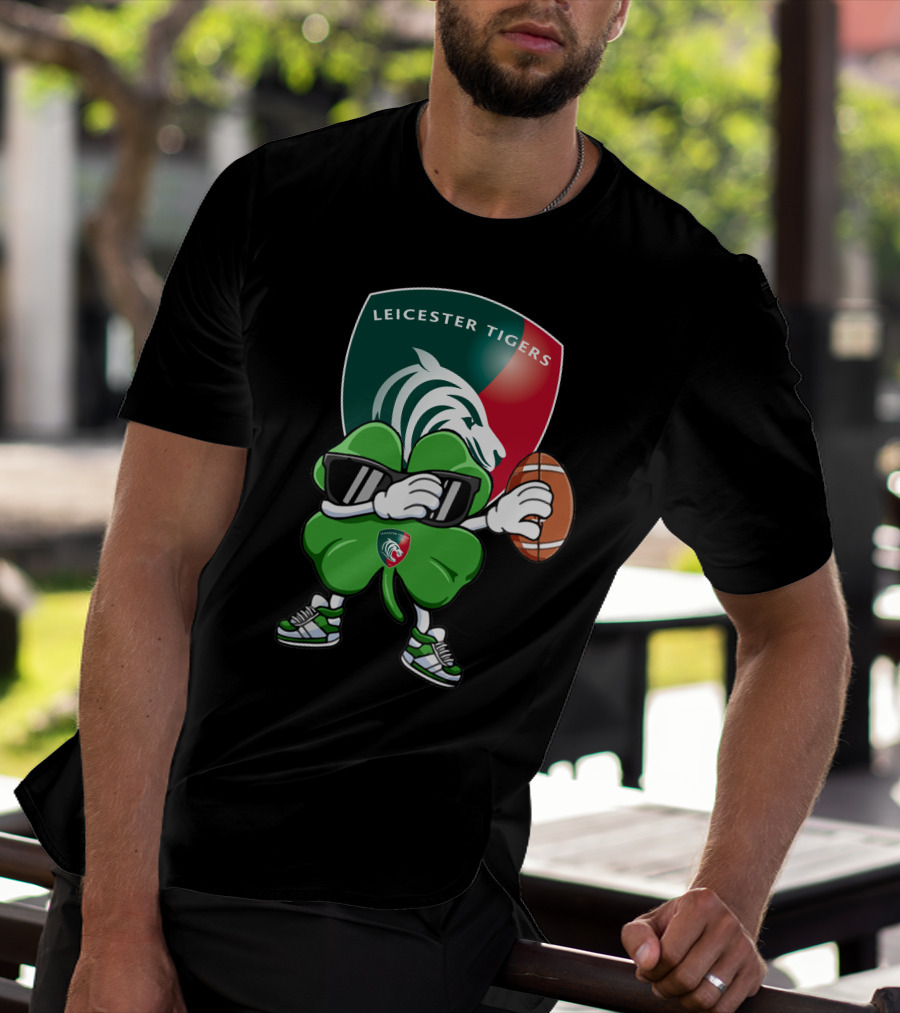 Leicester Tigers Shamrock Mascot Holding Rugby Ball T-Shirt