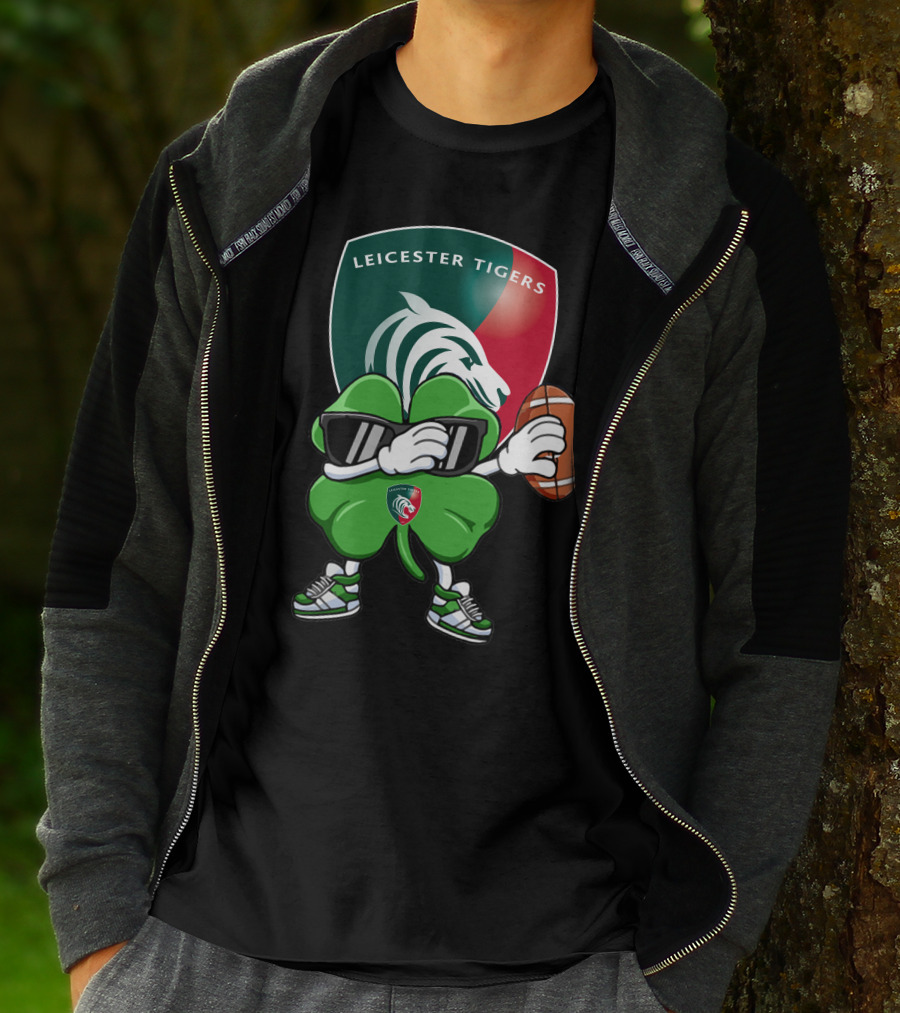 Leicester Tigers Shamrock Mascot Holding Rugby Ball T-Shirt