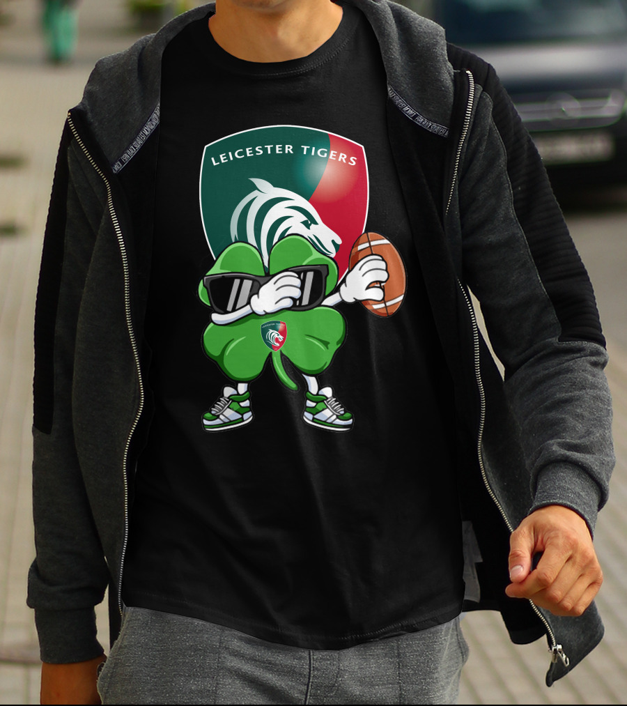 Leicester Tigers Shamrock Mascot Holding Rugby Ball T-Shirt