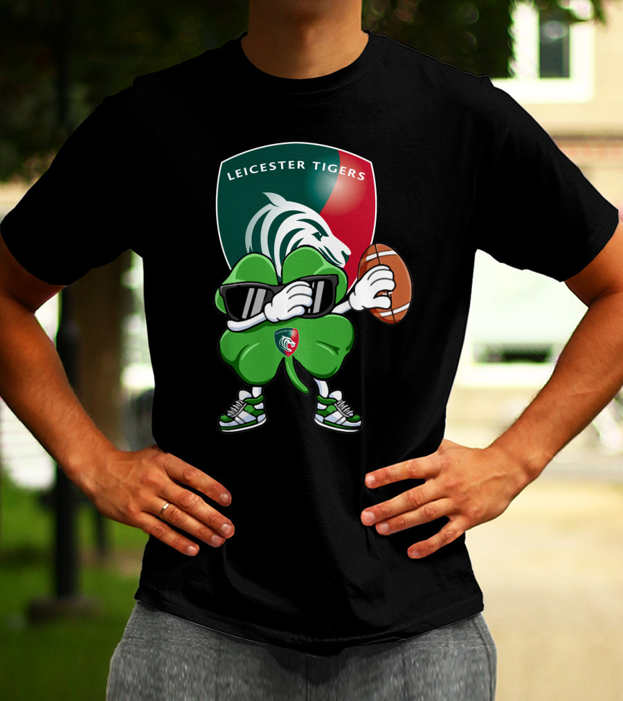 Leicester Tigers Shamrock Mascot Holding Rugby Ball T-Shirt