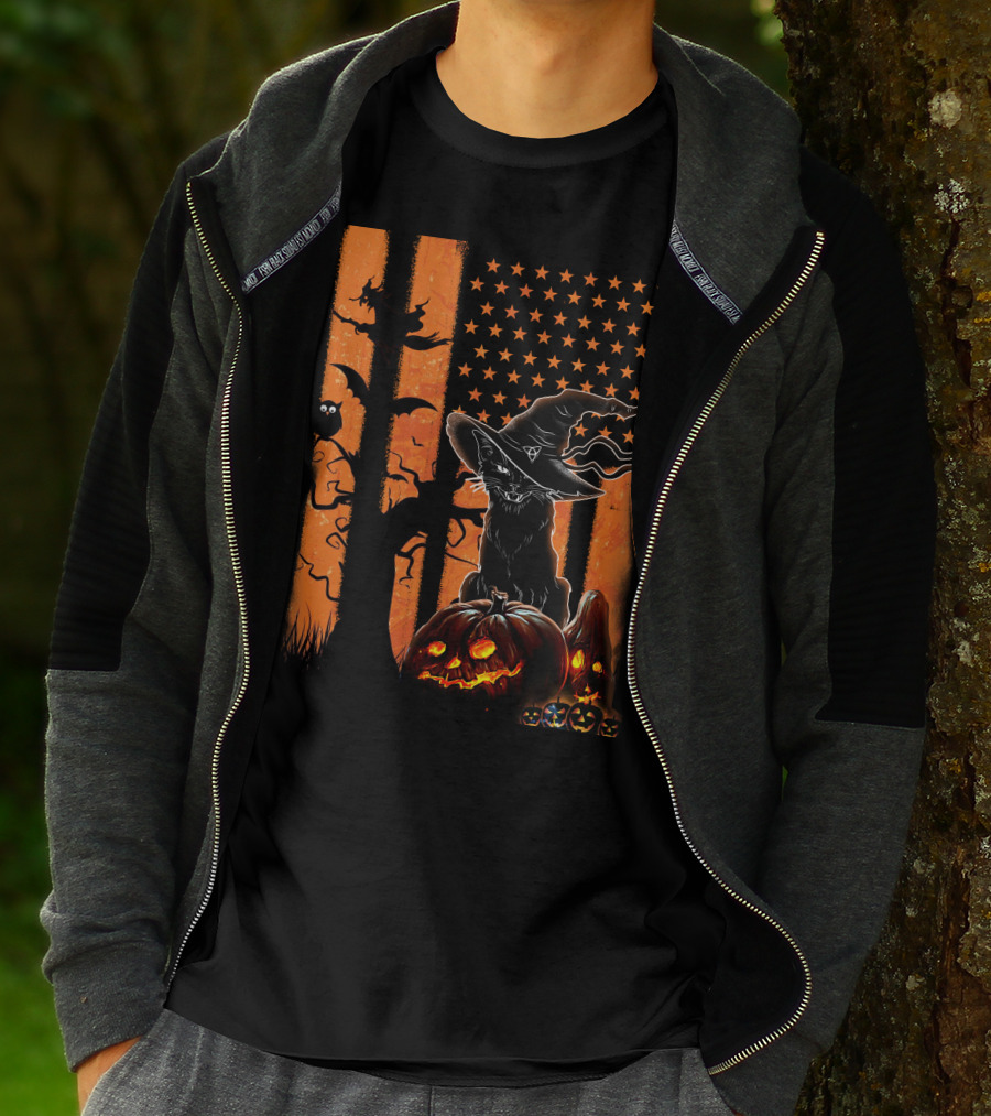 Halloween Black Cat Witch Hat Jack-O'-Lanterns And Stars On Orange Stripes T-Shirt