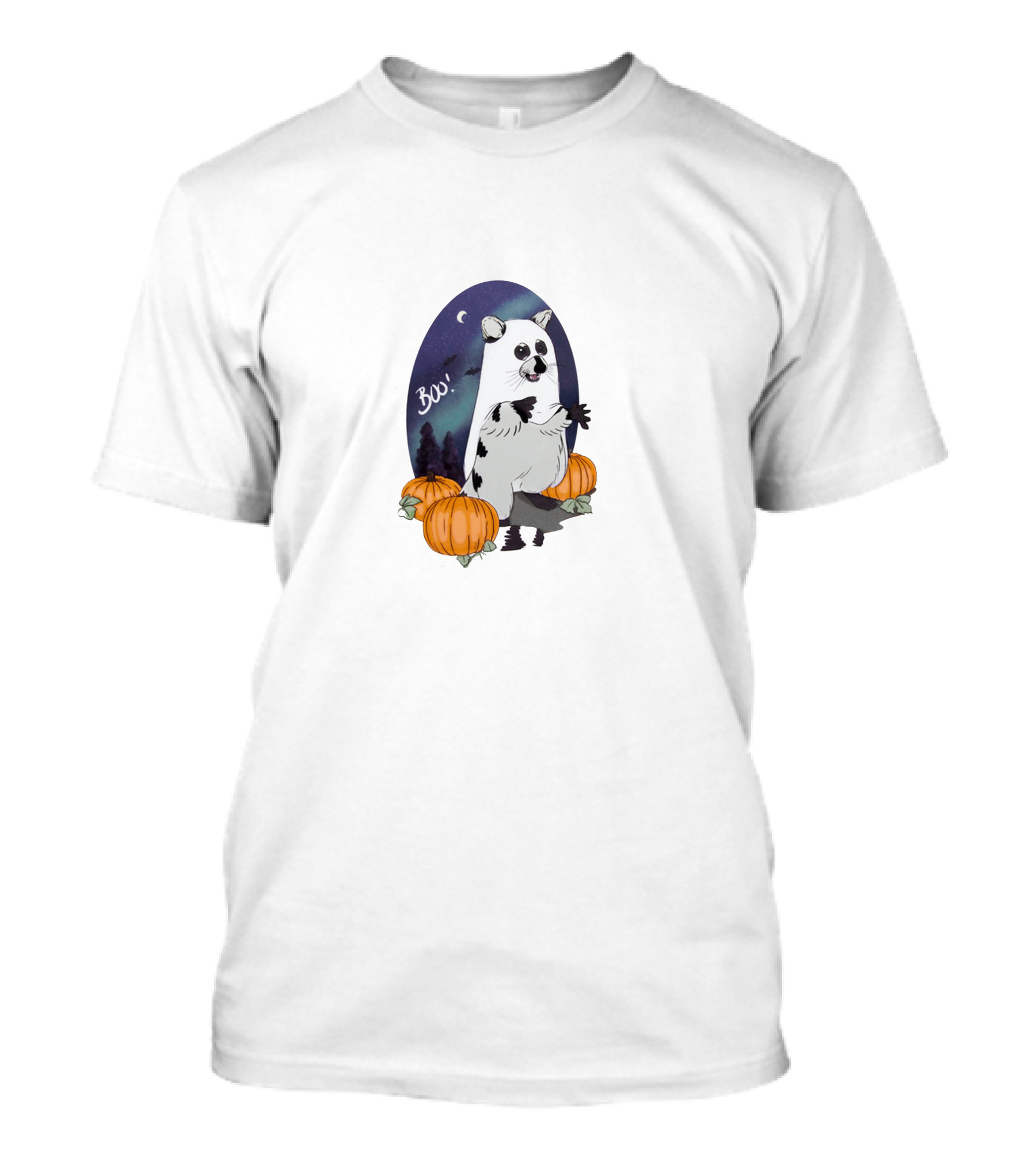 Boo Halloween Raccoon With Pumpkins And Moonlit Night Scene T-Shirt
