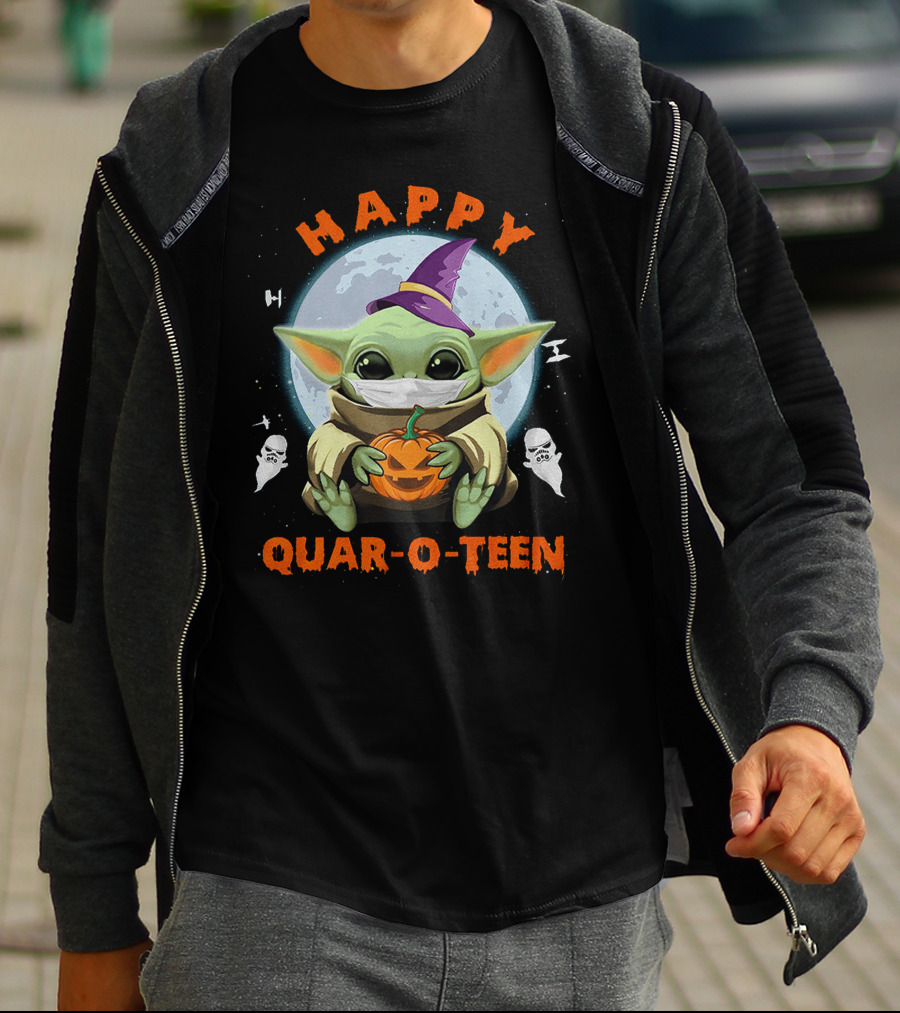 Happy Quar-O-Teen Baby Yoda With Pumpkin And Ghosts T-Shirt
