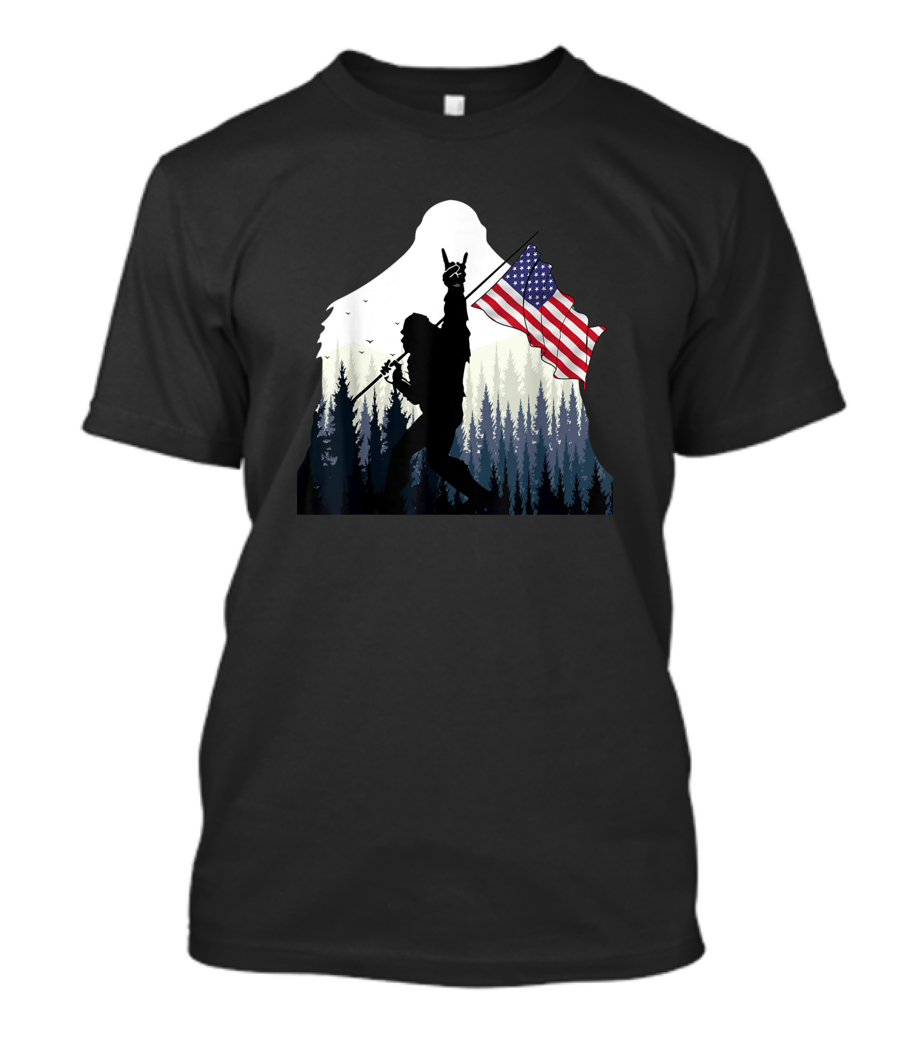 Bigfoot Silhouette With USA Flag And Rock And Roll Pose In Forest T-Shirt