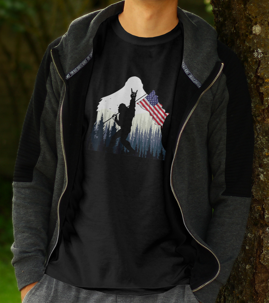 Bigfoot Silhouette With USA Flag And Rock And Roll Pose In Forest T-Shirt