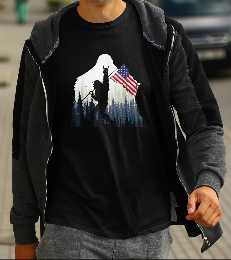 Bigfoot Silhouette With USA Flag And Rock And Roll Pose In Forest T-Shirt