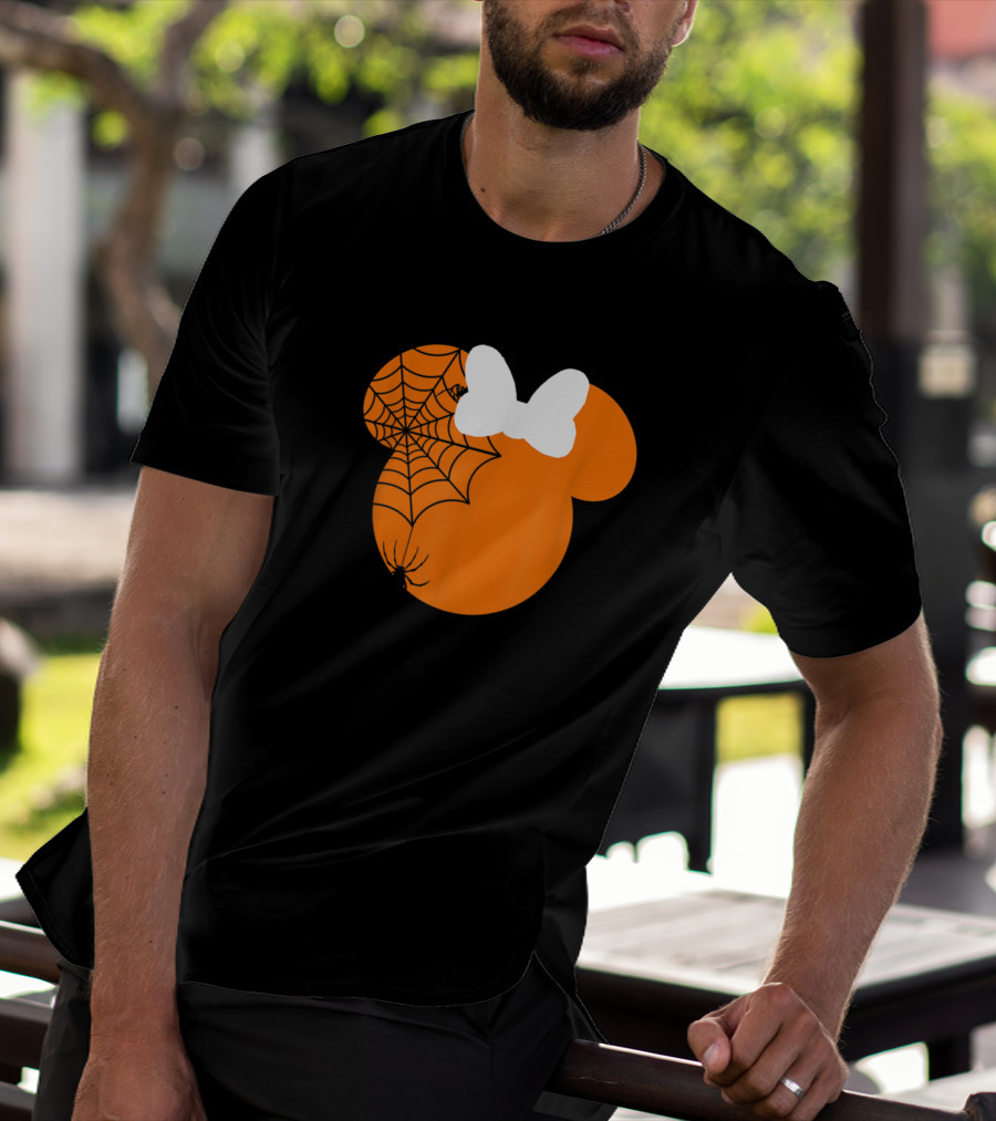 Cute Mouse Halloween Pumpkin With Bow And Spider Web T-Shirt