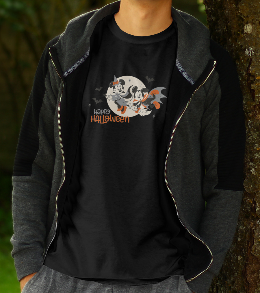 Happy Halloween Disney Minnie And Mickey Flying On Broomsticks T-Shirt