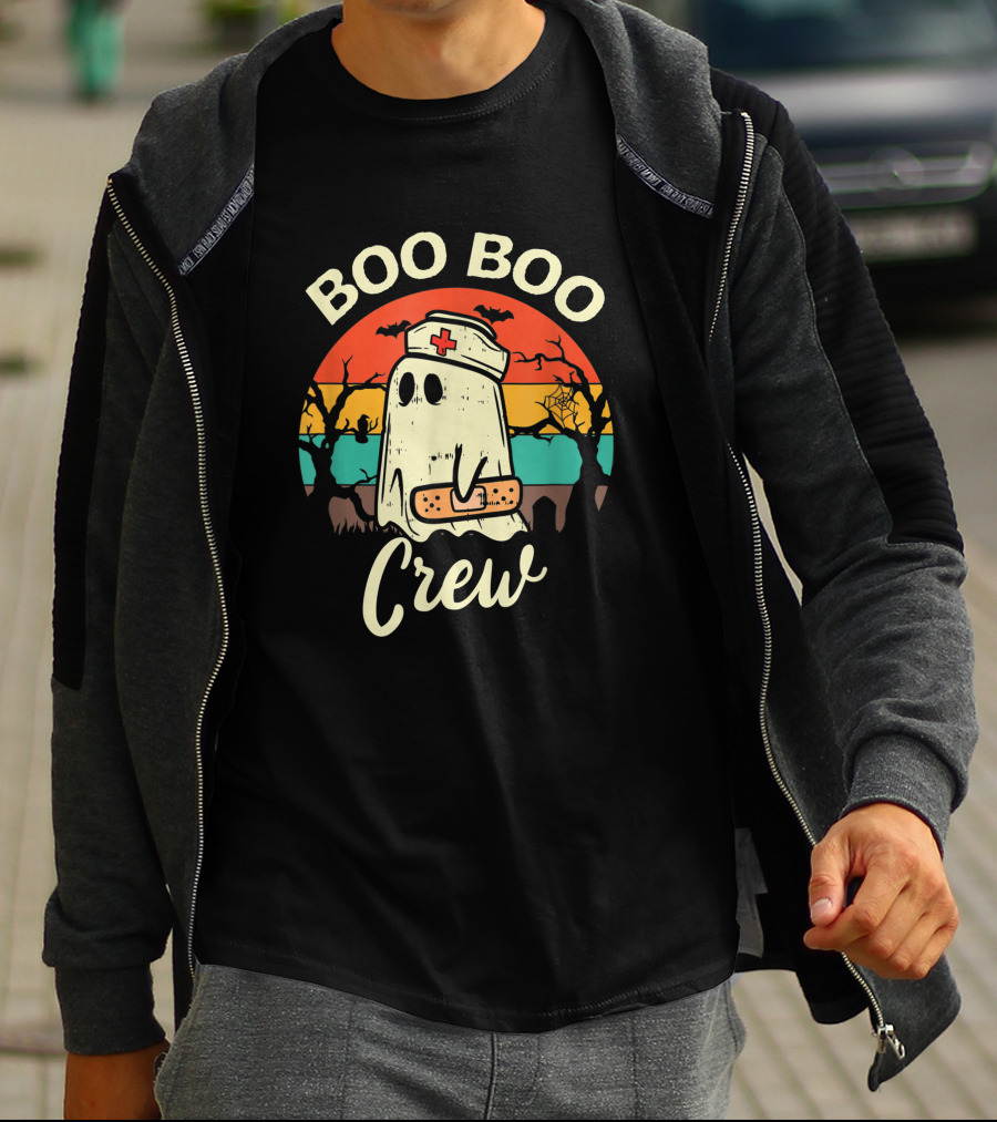Boo Boo Crew Funny Nurse Ghost Halloween With Bats And Bandage T-Shirt