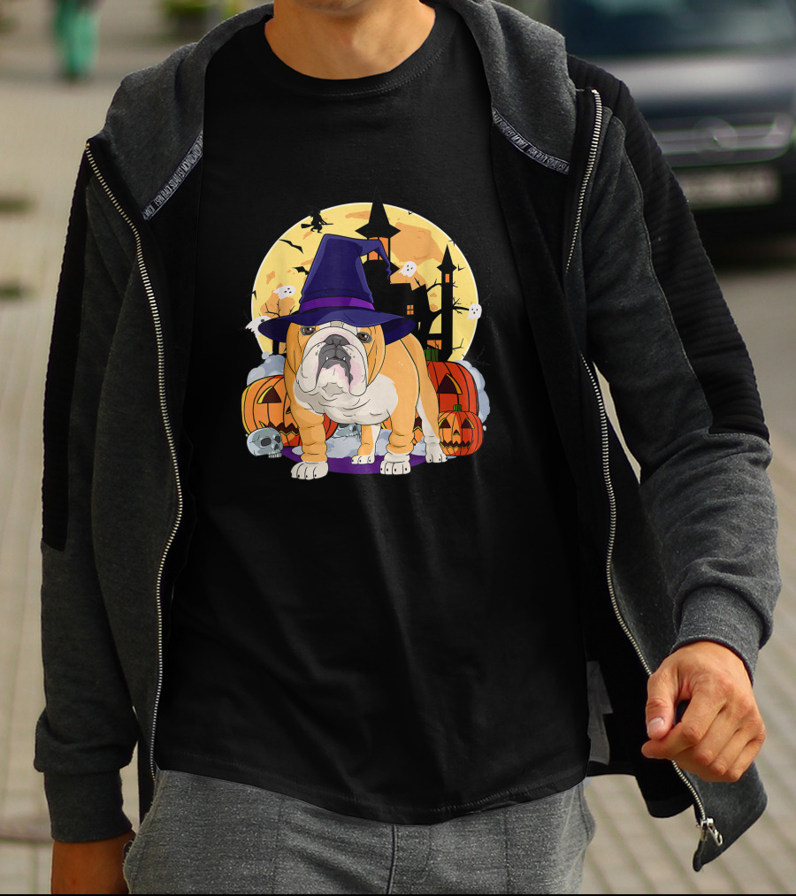 English Bulldog Witch Hat Halloween Pumpkins And Haunted House T-Shirt