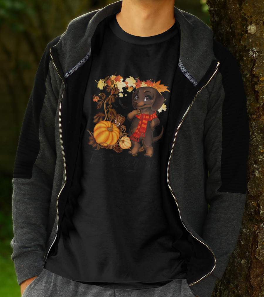 It's Fall Y'all Dachshund With Pumpkins And Autumn Leaves T-Shirt