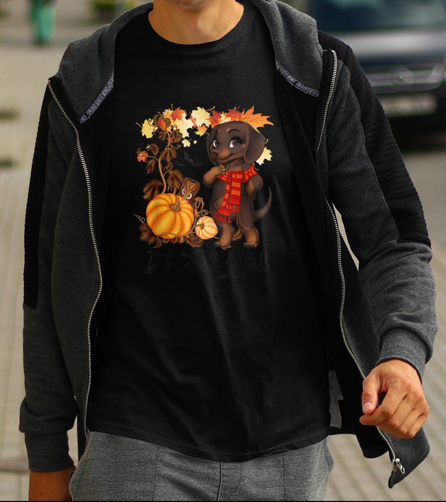 It's Fall Y'all Dachshund With Pumpkins And Autumn Leaves T-Shirt