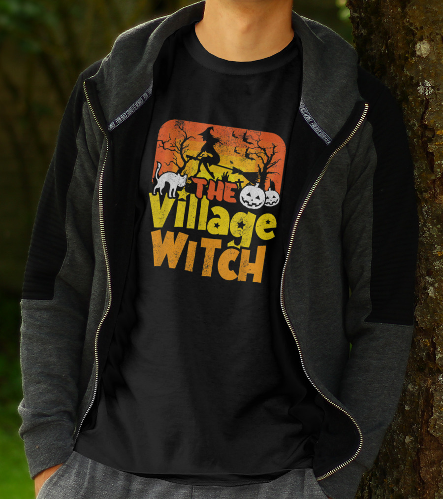 The Village Witch Funny Halloween Witch Pumpkin Cat Moon Scene T-Shirt