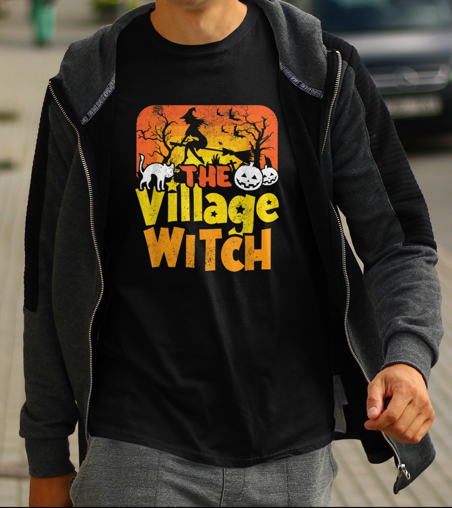 The Village Witch Funny Halloween Witch Pumpkin Cat Moon Scene T-Shirt
