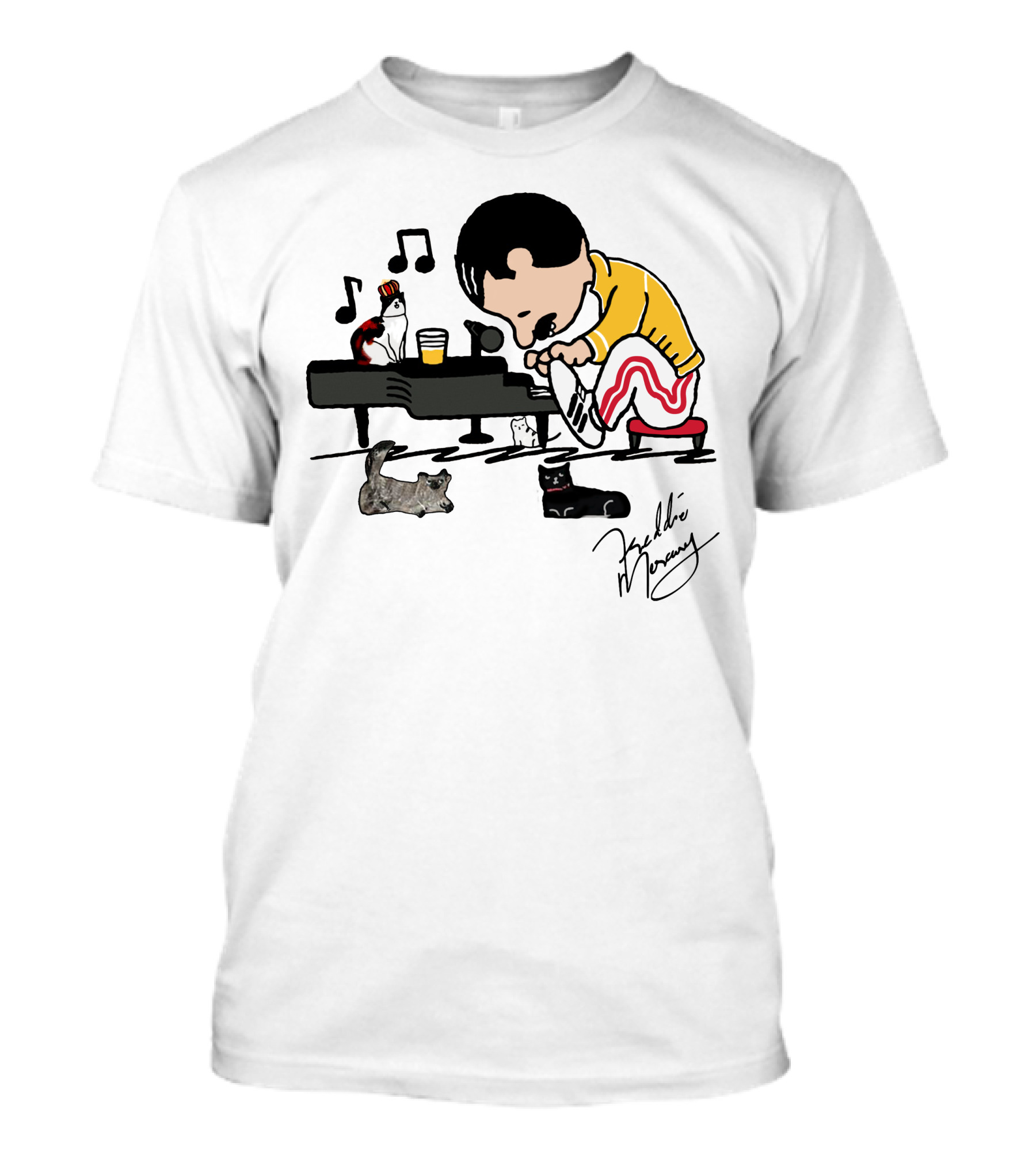 Freddie Mercury Signature With Cats And Piano Playful T-Shirt