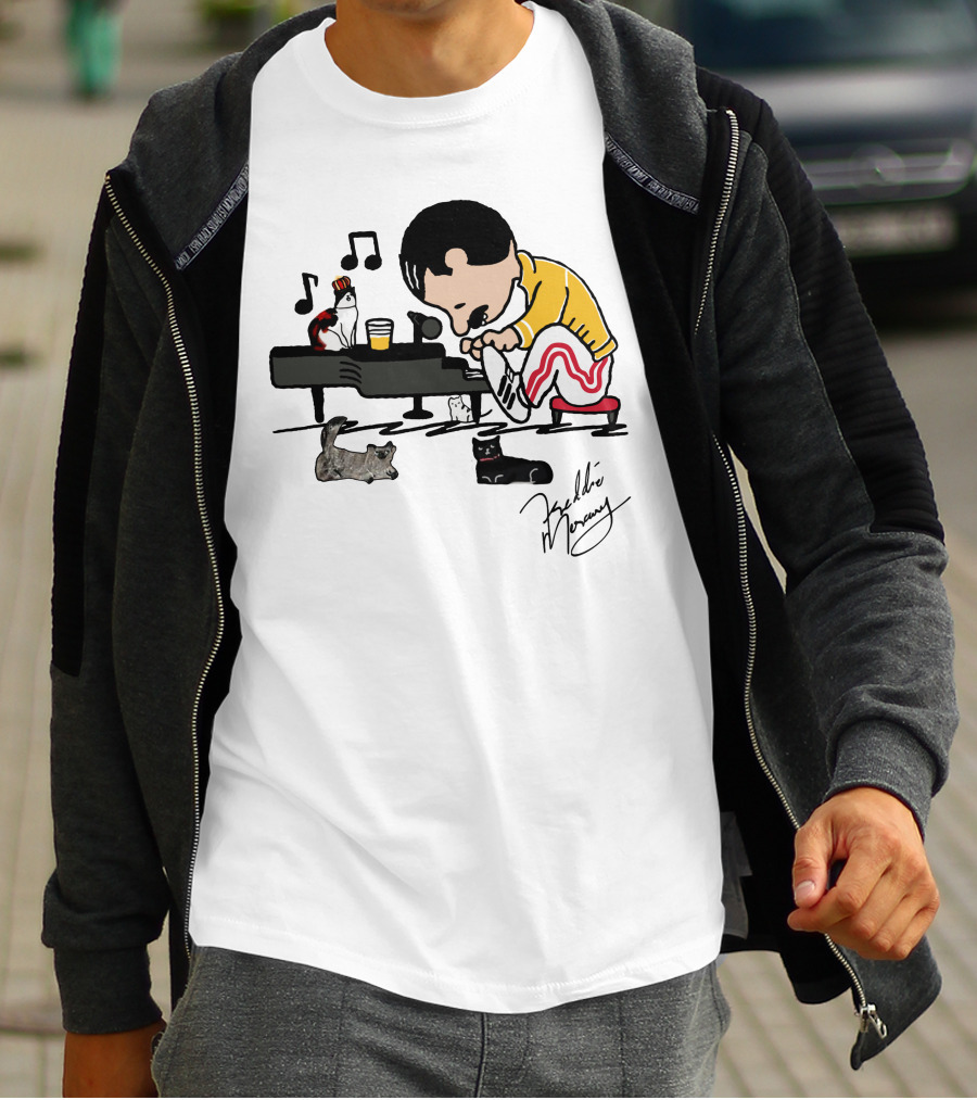 Freddie Mercury Signature With Cats And Piano Playful T-Shirt