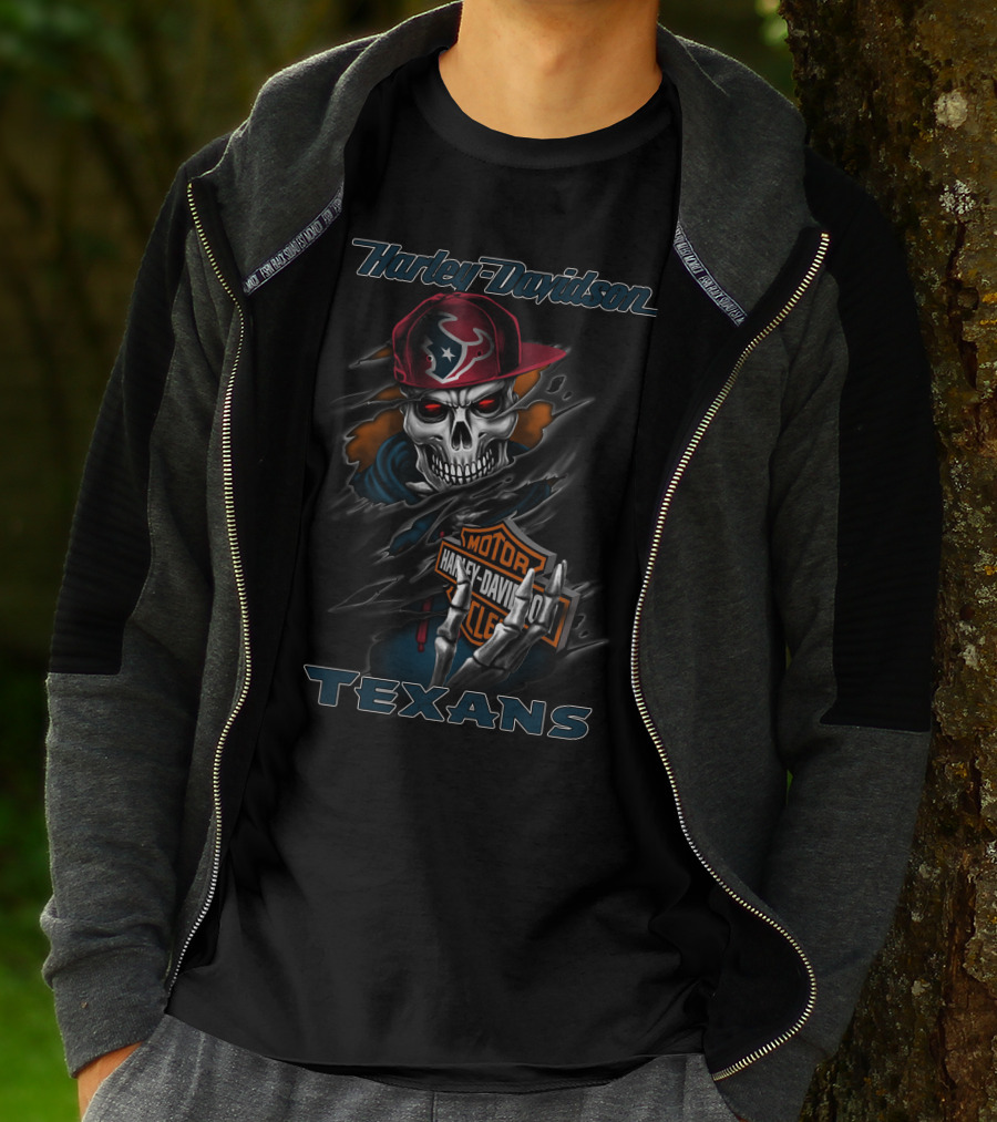 Harley Davidson Texans Skull With Houston Texans Cap T-Shirt