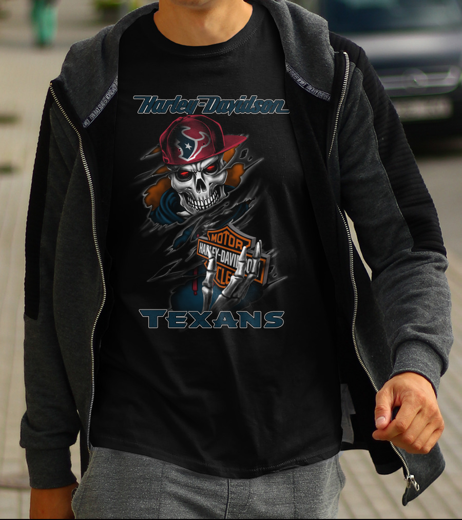 Harley Davidson Texans Skull With Houston Texans Cap T-Shirt