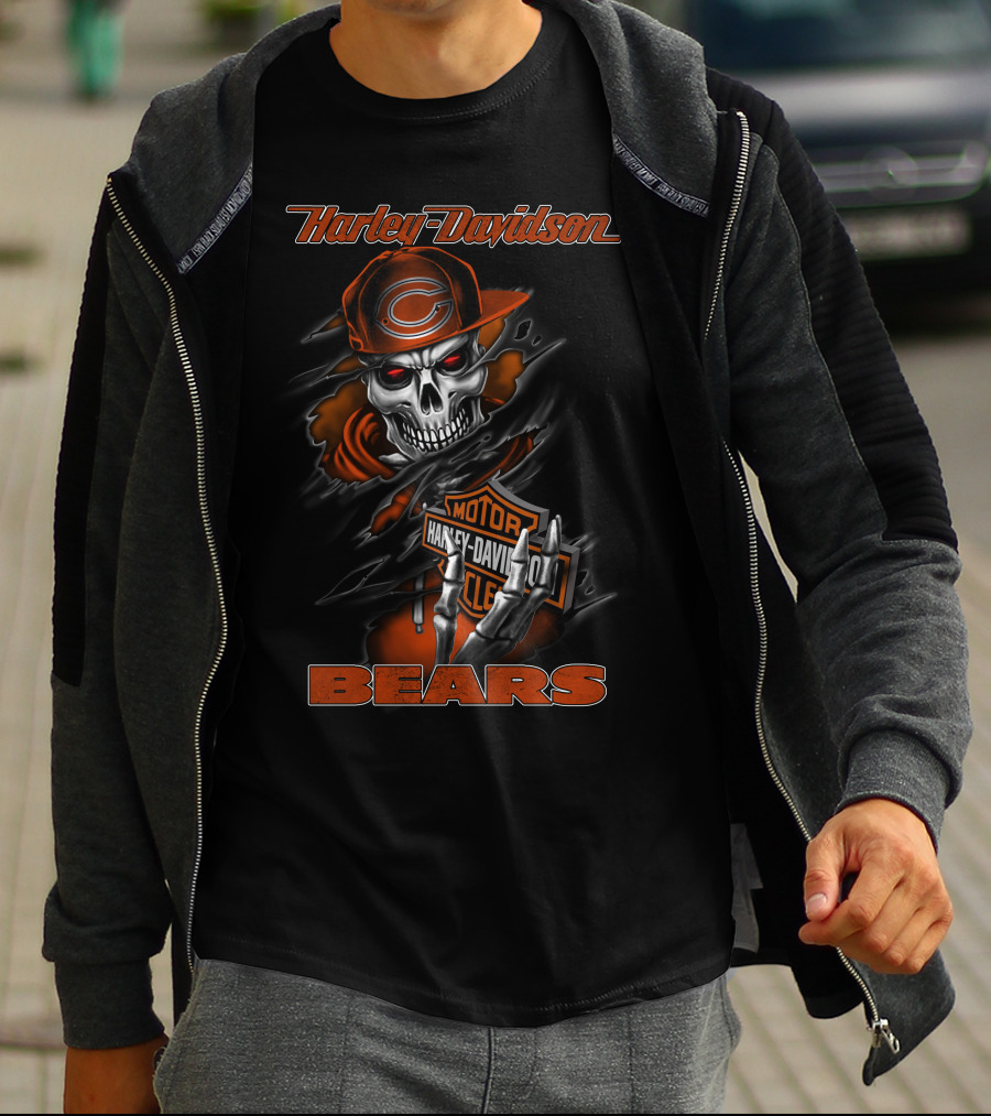 Harley Davidson Bears Skull With Chicago Orange Cap And Motor T-Shirt