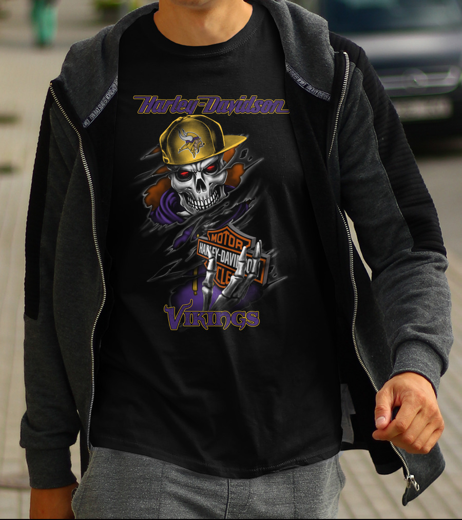 Harley Davidson Vikings Skull In Cap With Motorcycle T-Shirt