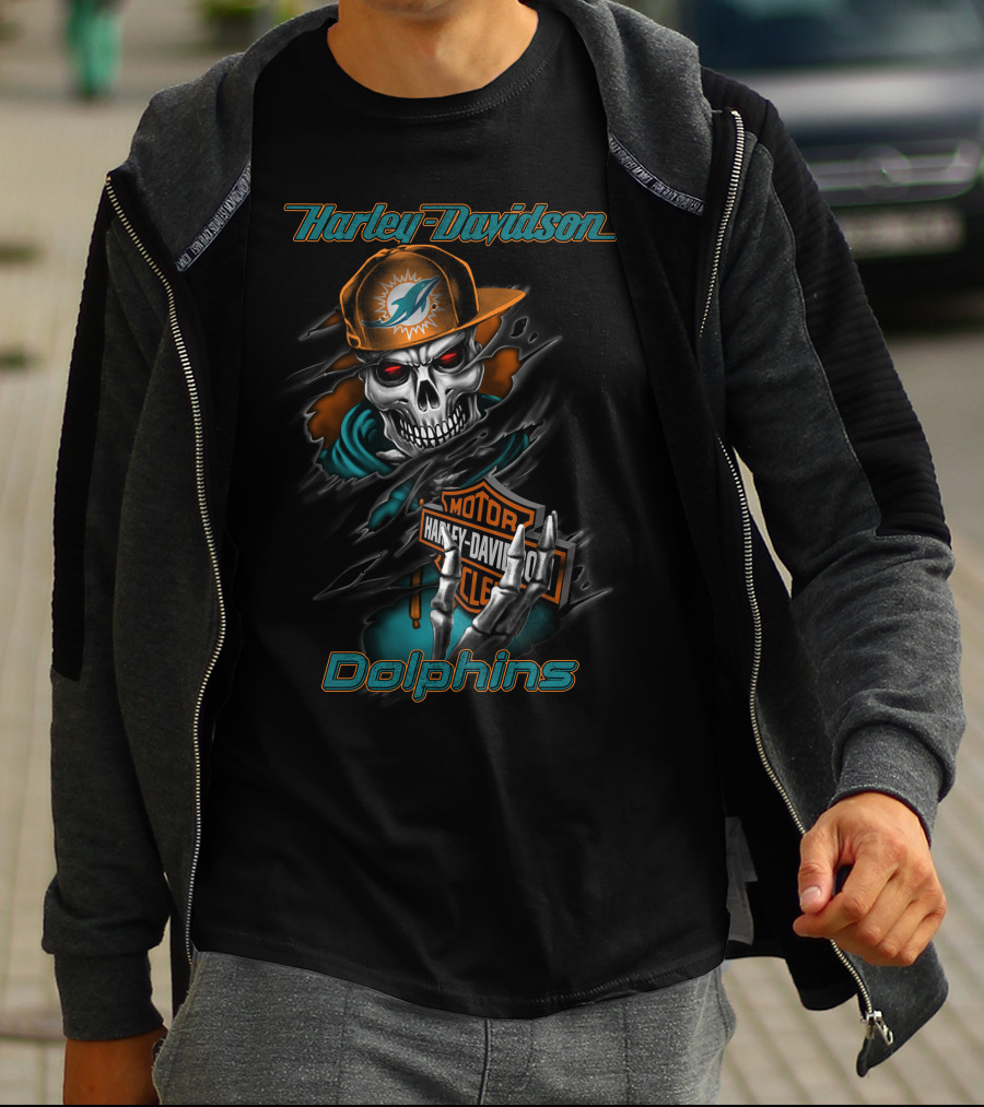 Harley Davidson Dolphins Motorcycle Skeleton With Miami Dolphins Cap T-Shirt