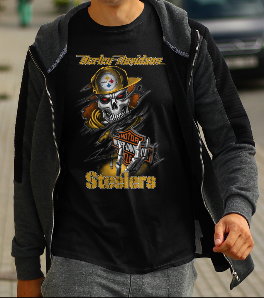 Harley Davidson Steelers Skeleton With Pittsburgh Steelers T-Shirt
