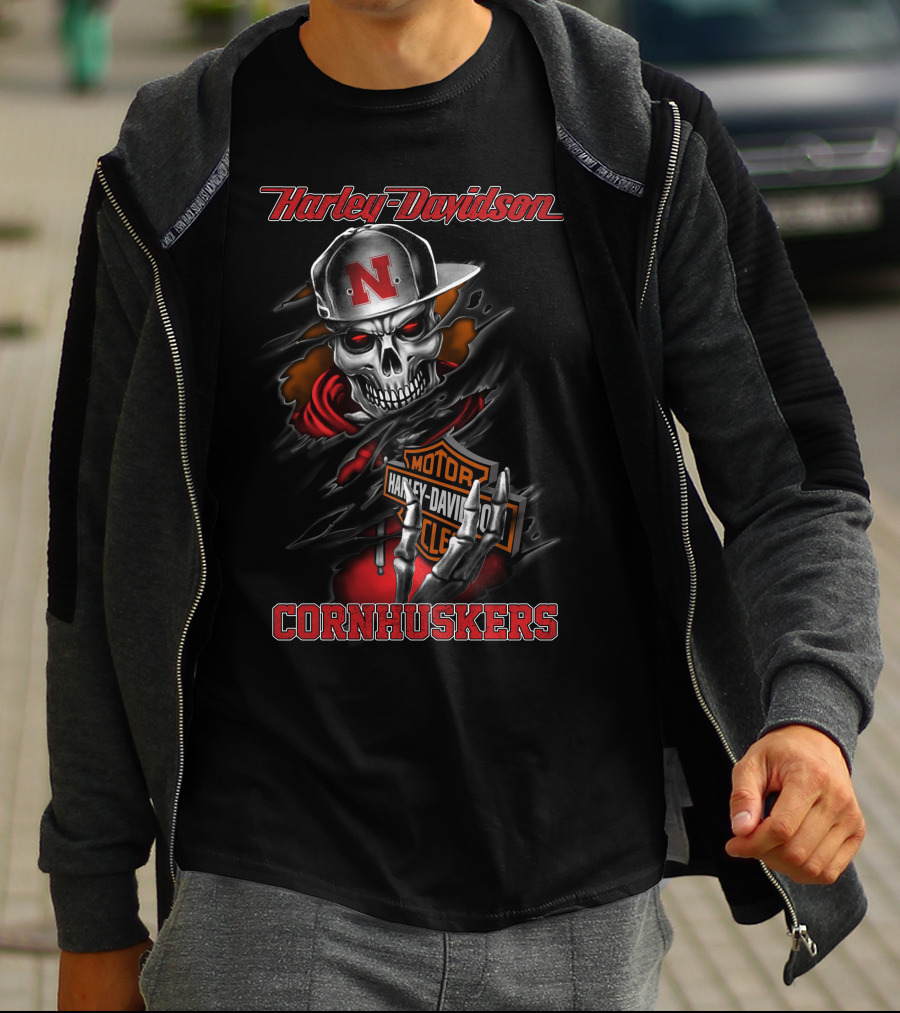 Harley Davidson Cornhuskers Skull With Cap T-Shirt