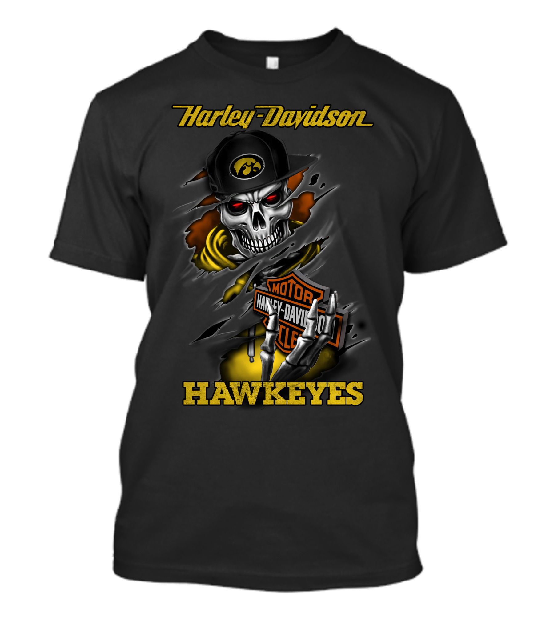 Harley Davidson Hawkeyes Skull With Iowa Logo And Motorcycle T-Shirt