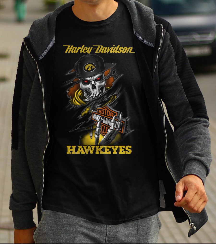 Harley Davidson Hawkeyes Skull With Iowa Logo And Motorcycle T-Shirt
