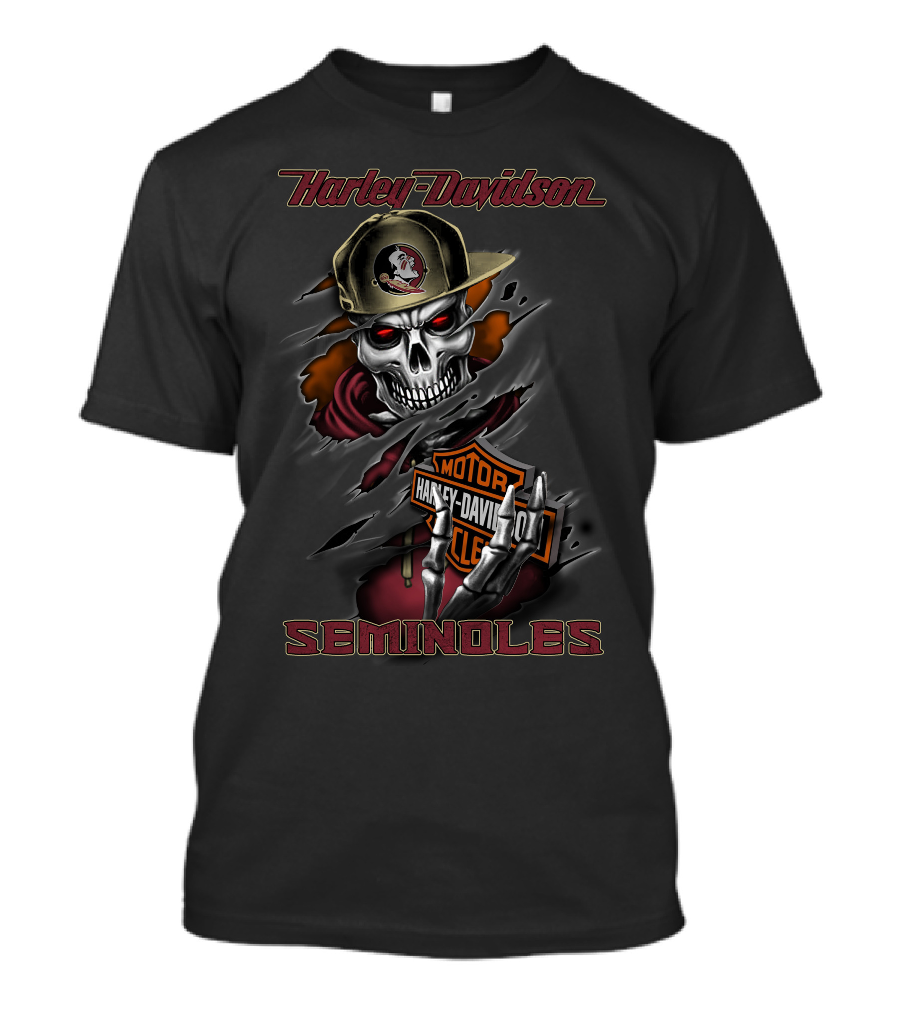 Harley Davidson Seminoles Skeleton Motocycle Rider With Florida State Hat T-Shirt