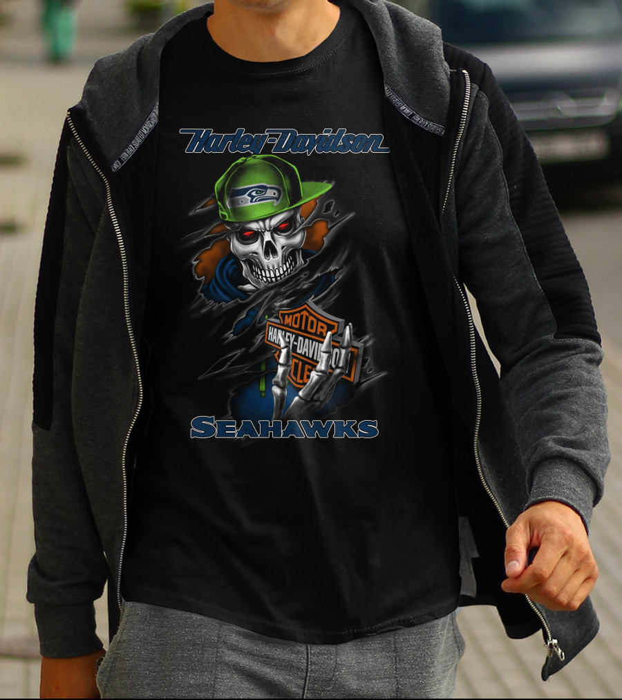 Harley Davidson Seattle Seahawks Skull With Hat And Motorcycle Moto Symbol T-Shirt