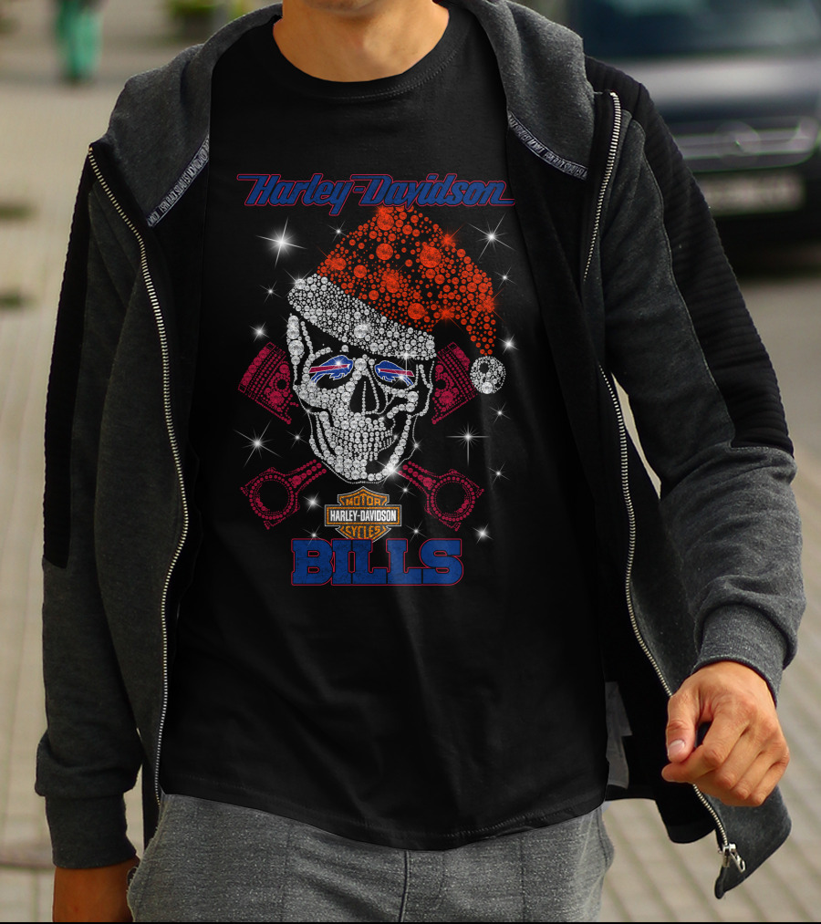 Harley Davidson Motor Cycles Santa Skull Buffalo Bills T-Shirt