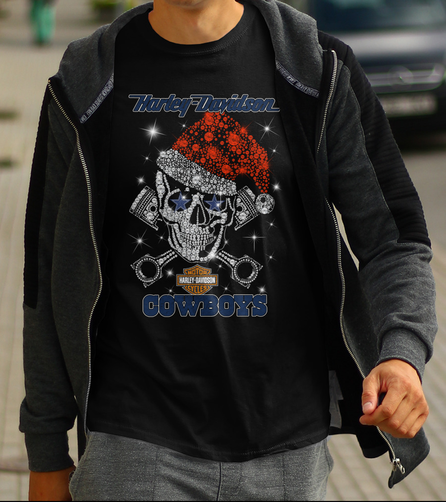 Harley Davidson Motor Cycles Cowboys Christmas Skull Santa Hat T-Shirt