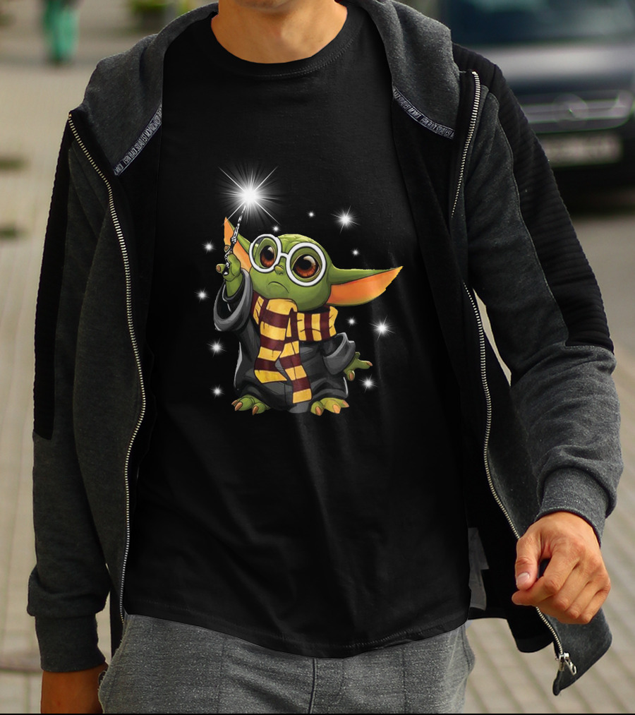 Wand Holding Grogu In Wizard Robe And Scarf With Glasses T-Shirt