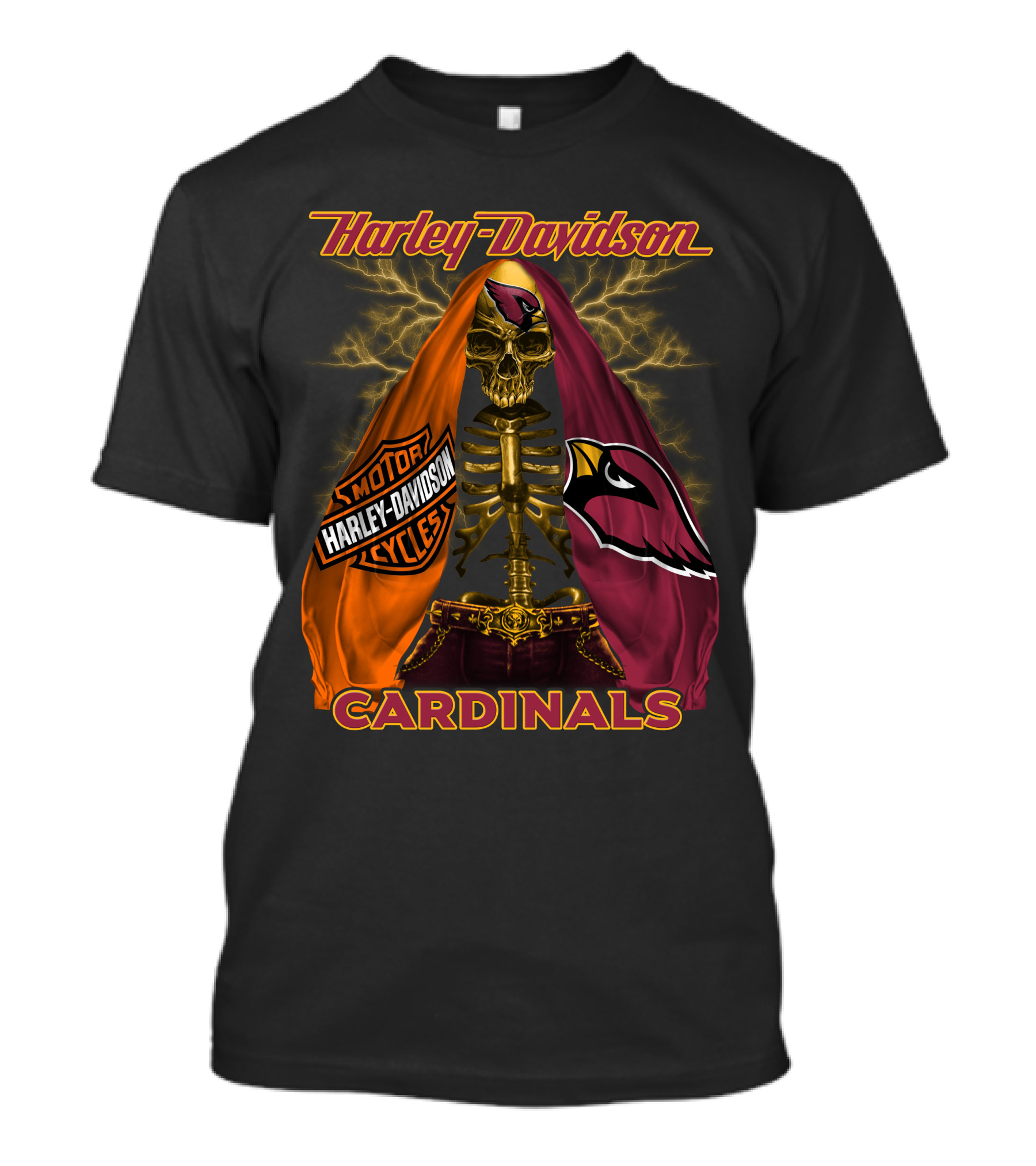 Harley Davidson Arizona Cardinals Skull And Skeleton With Logos T-Shirt
