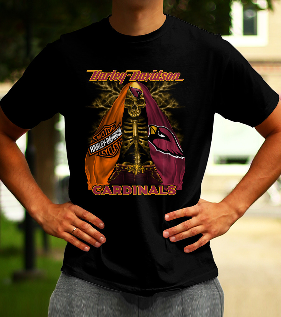 Harley Davidson Arizona Cardinals Skull And Skeleton With Logos T-Shirt
