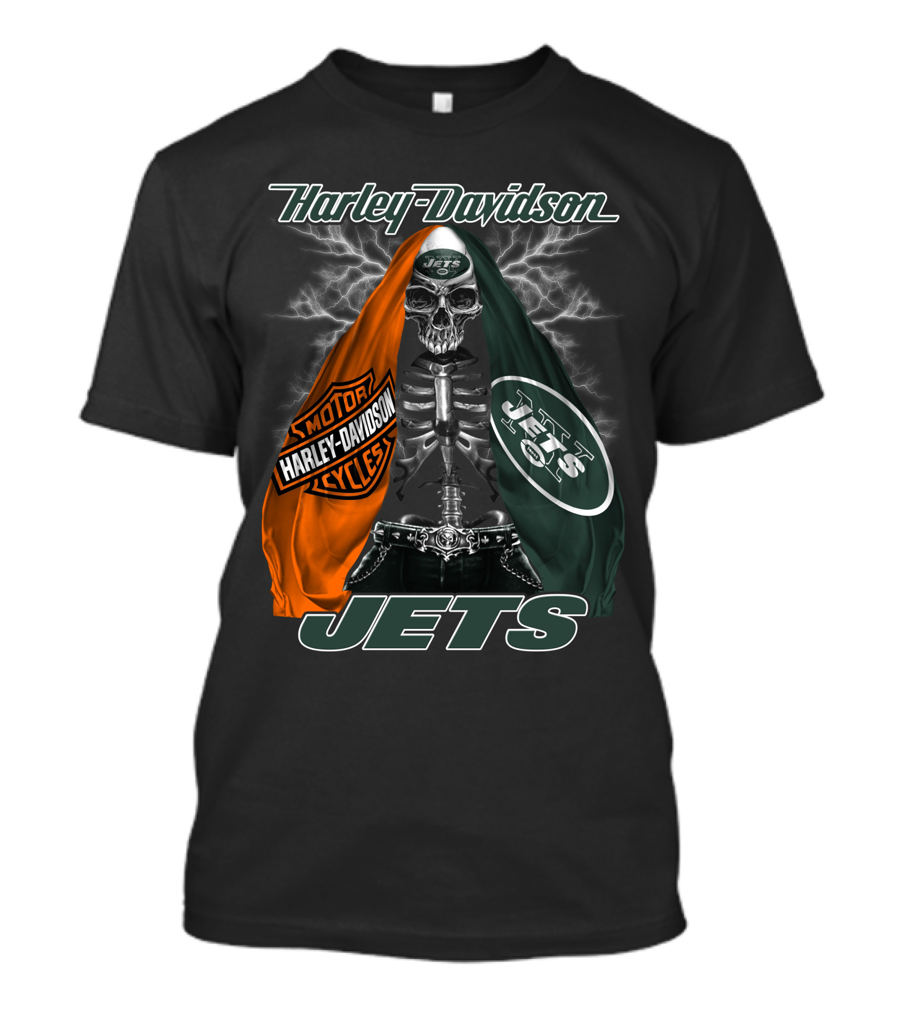 Harley Davidson New York Jets Skeleton With Flag And Lightning T-Shirt